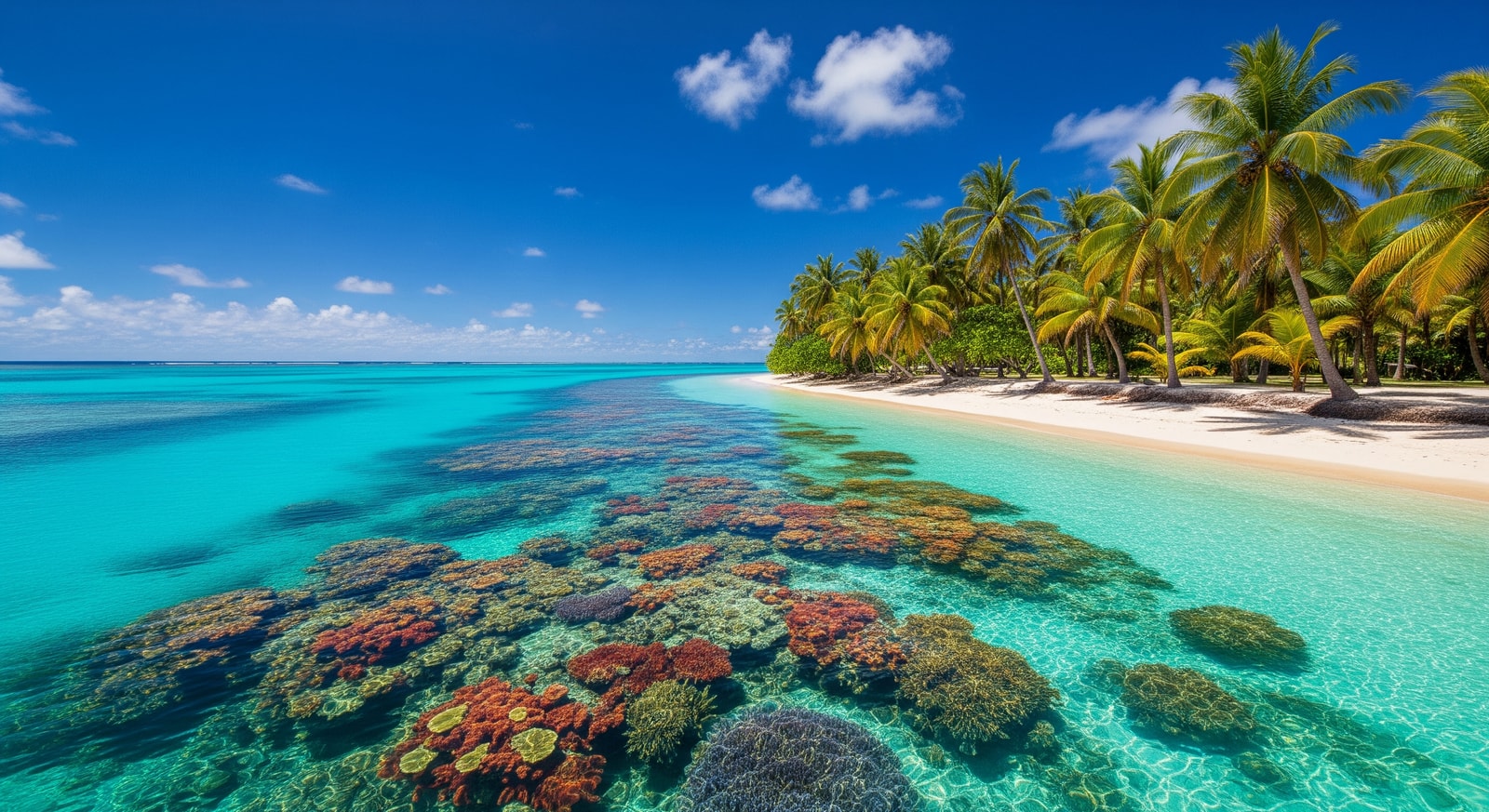 Crystal clear lagoon waters of Wallis Island with coral formations visible beneath the surface and palm trees on shore