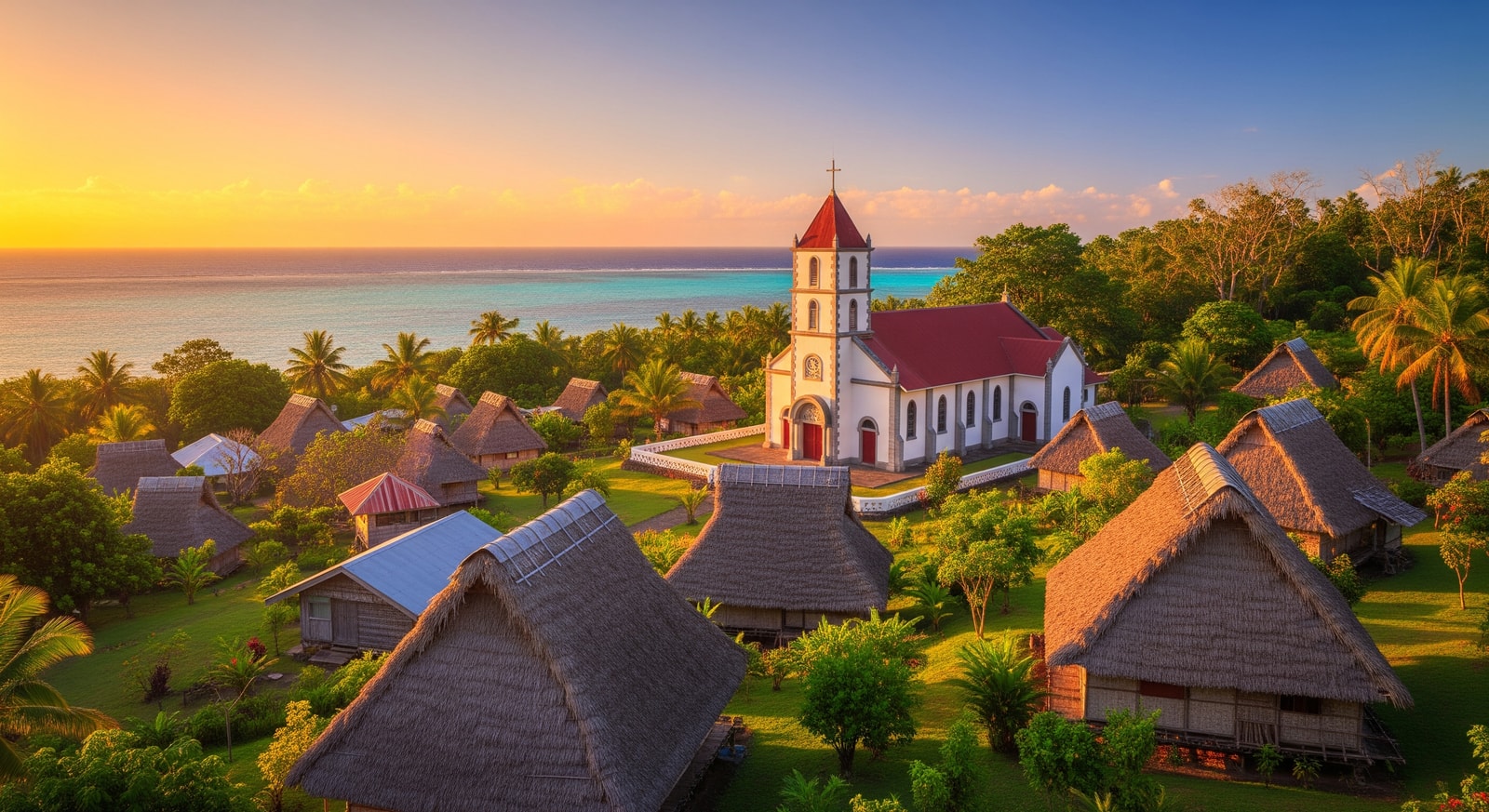 Traditional Polynesian village on Futuna Island with thatched-roof fale houses and Catholic church