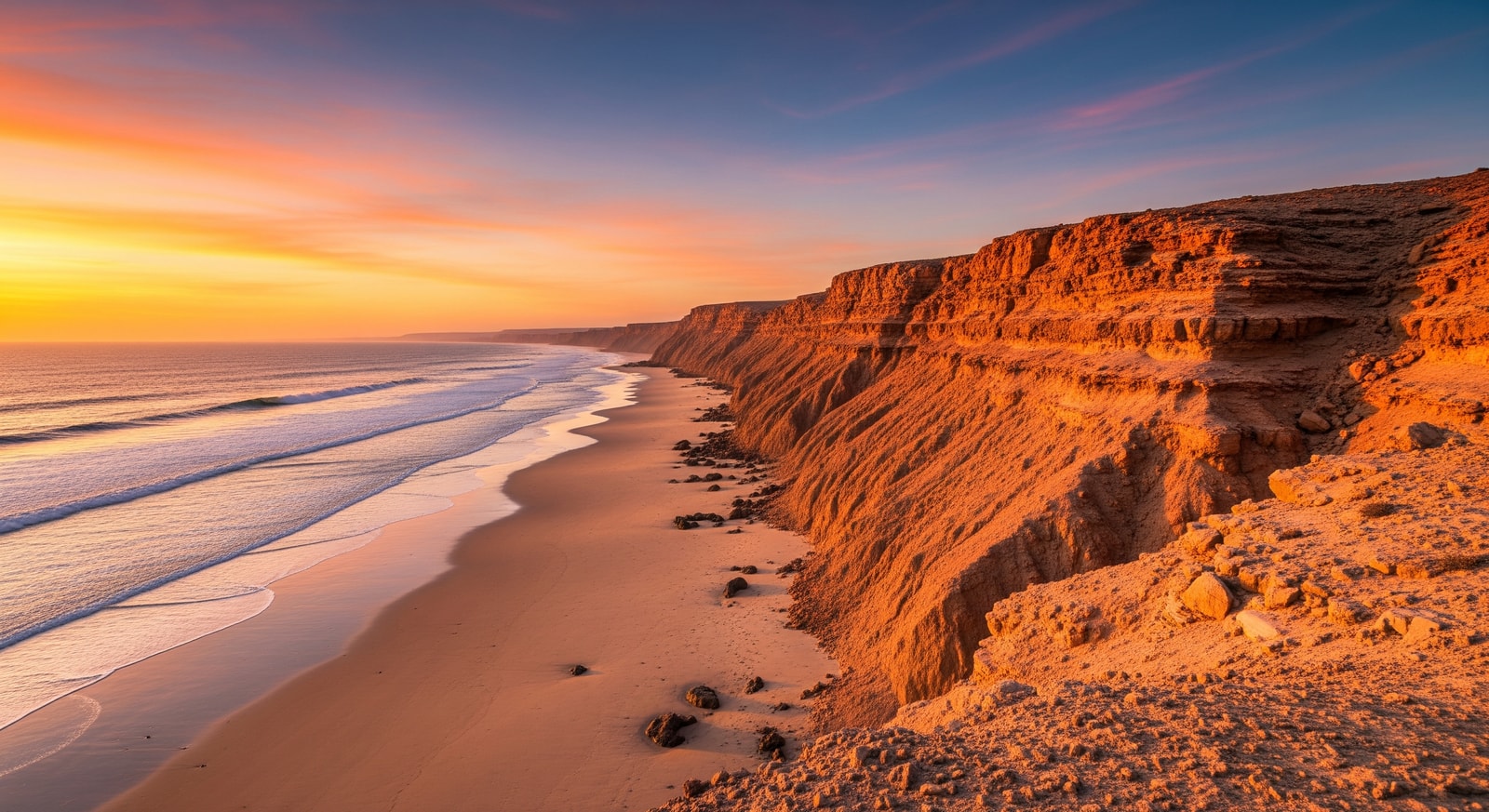 Dramatic Atlantic coastline near Dakhla with rugged cliffs and pristine beaches at golden hour