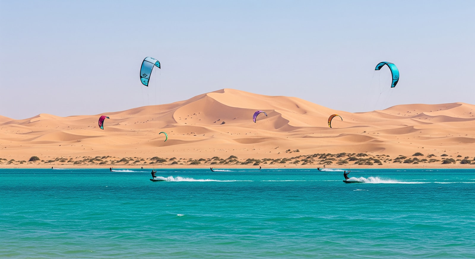 Kitesurfers riding the turquoise waters of Dakhla lagoon with desert dunes in the background