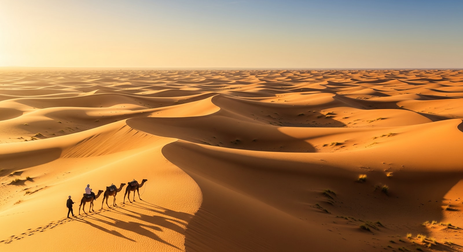 Vast golden Sahara dunes stretching to the horizon with a lone camel caravan near El Aaiun
