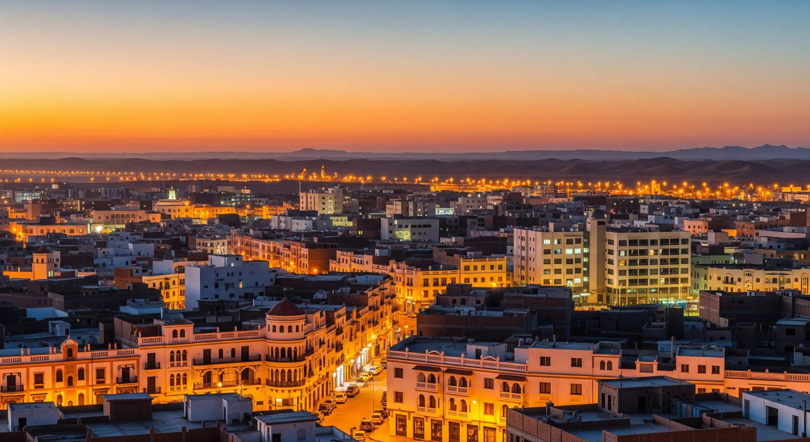 Panoramic view of El Aaiun city with Spanish colonial architecture and modern buildings at dusk