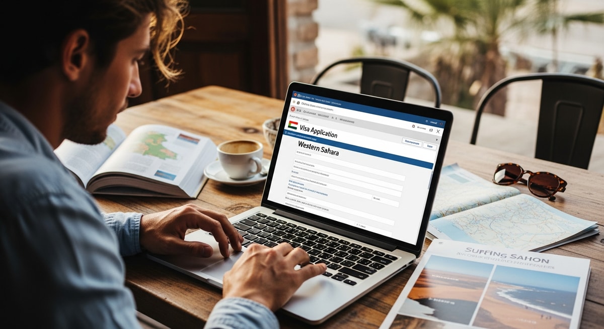 Traveler using laptop to apply for Western Sahara visa while planning a desert and surfing adventure