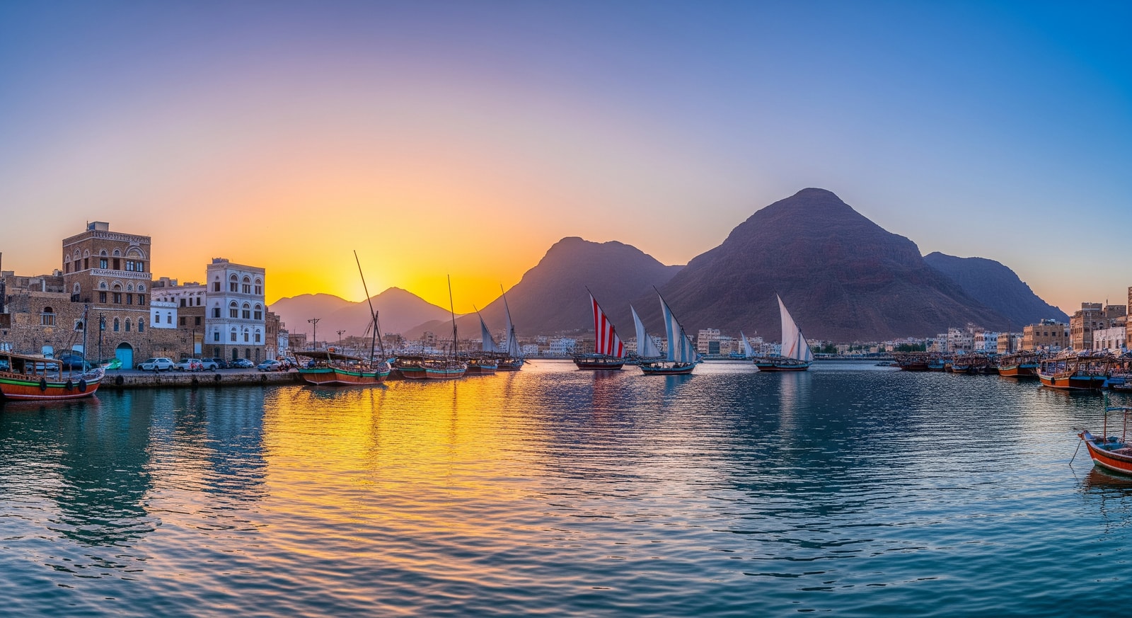 Panoramic view of Aden harbor with traditional boats and volcanic mountains in the background