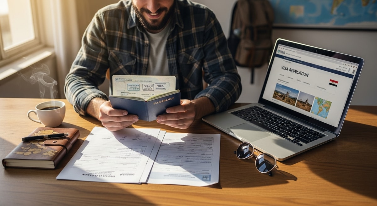 Traveler reviewing Yemen visa application documents with passport and laptop
