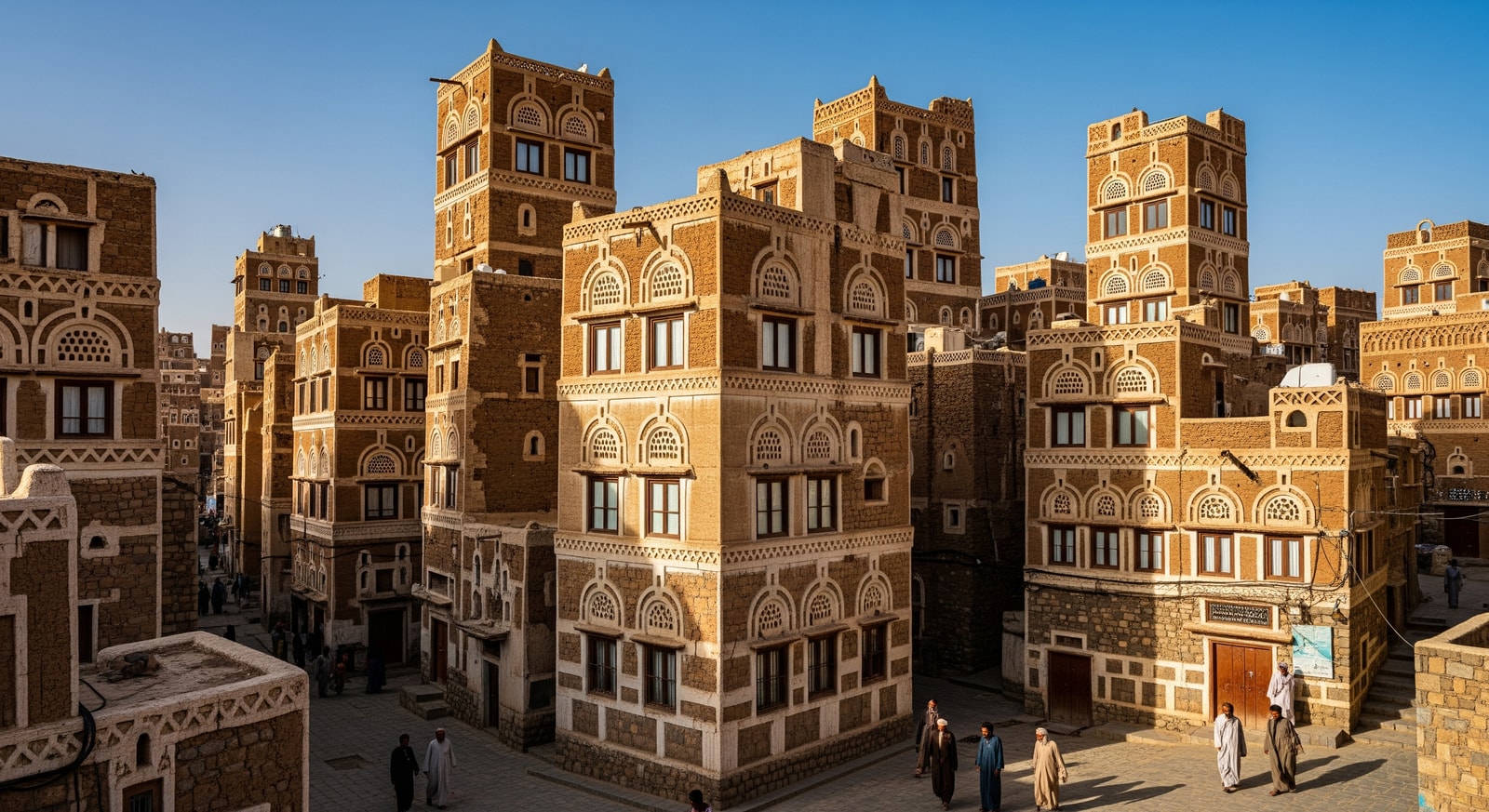 Historic tower houses of Sana'a Old City featuring distinctive brown and white geometric facade decorations