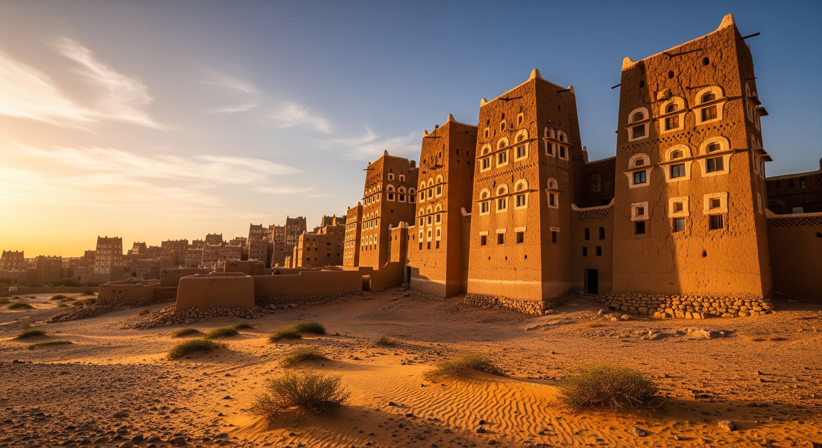 Ancient mud-brick high-rise buildings of Shibam rising from the desert floor at golden hour
