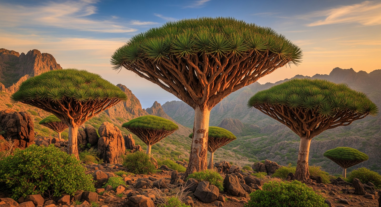 Iconic Dragon Blood Trees with their distinctive umbrella-shaped canopies on Socotra Island highlands