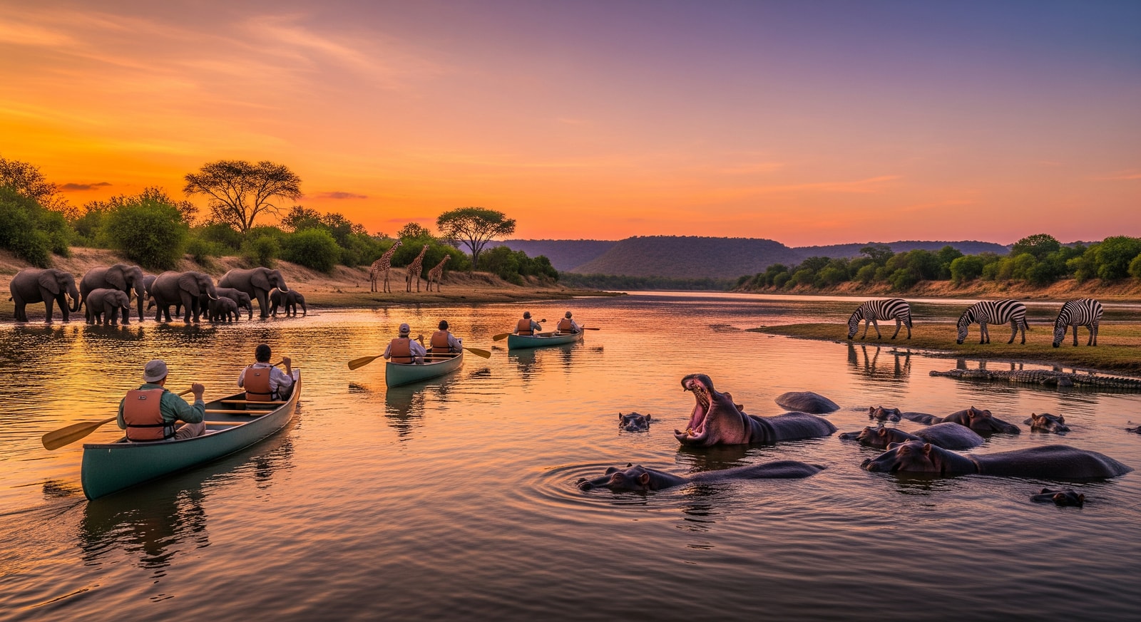 Canoe safari on the Lower Zambezi River with hippos and African wildlife along the riverbank