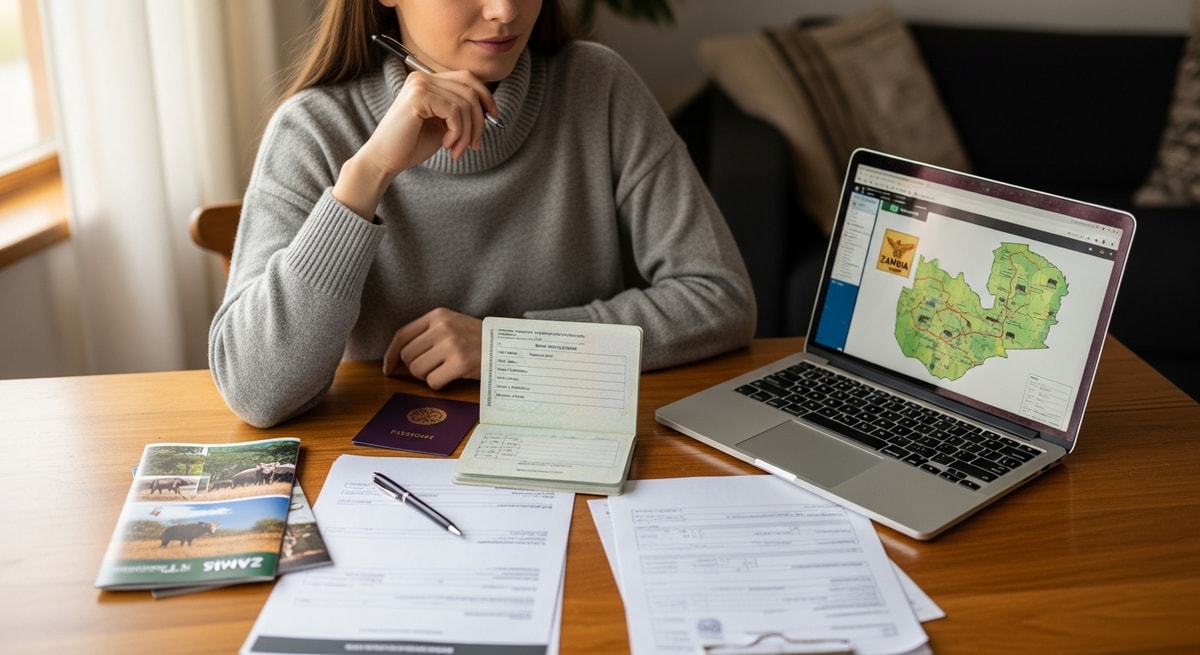 Traveler planning Zambia safari trip with laptop and passport documents ready for visa application
