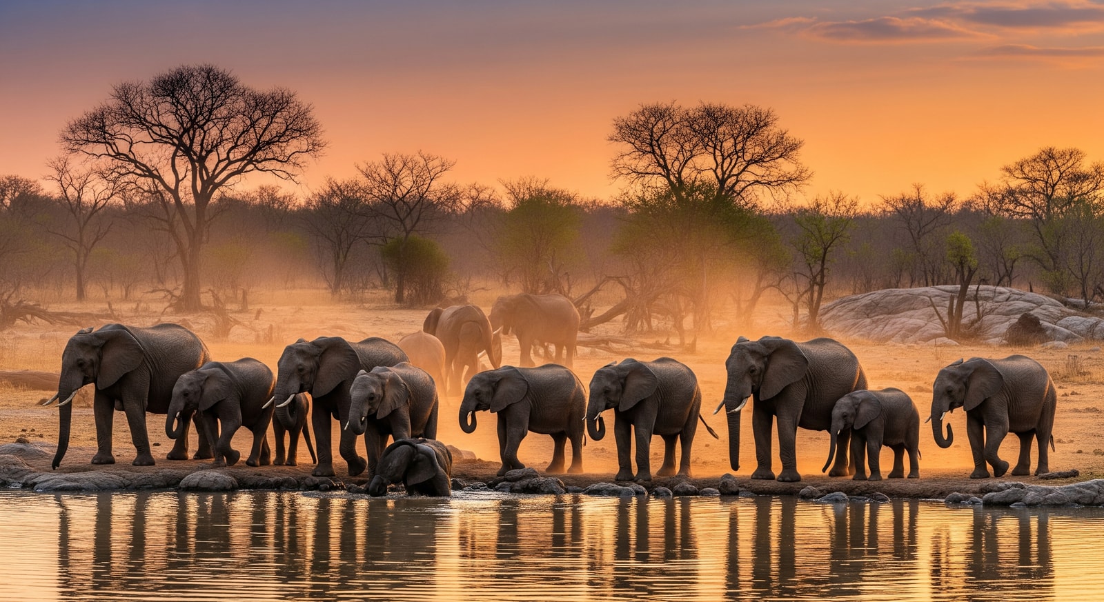 African elephants gathering at a waterhole in South Luangwa National Park Zambia during golden hour