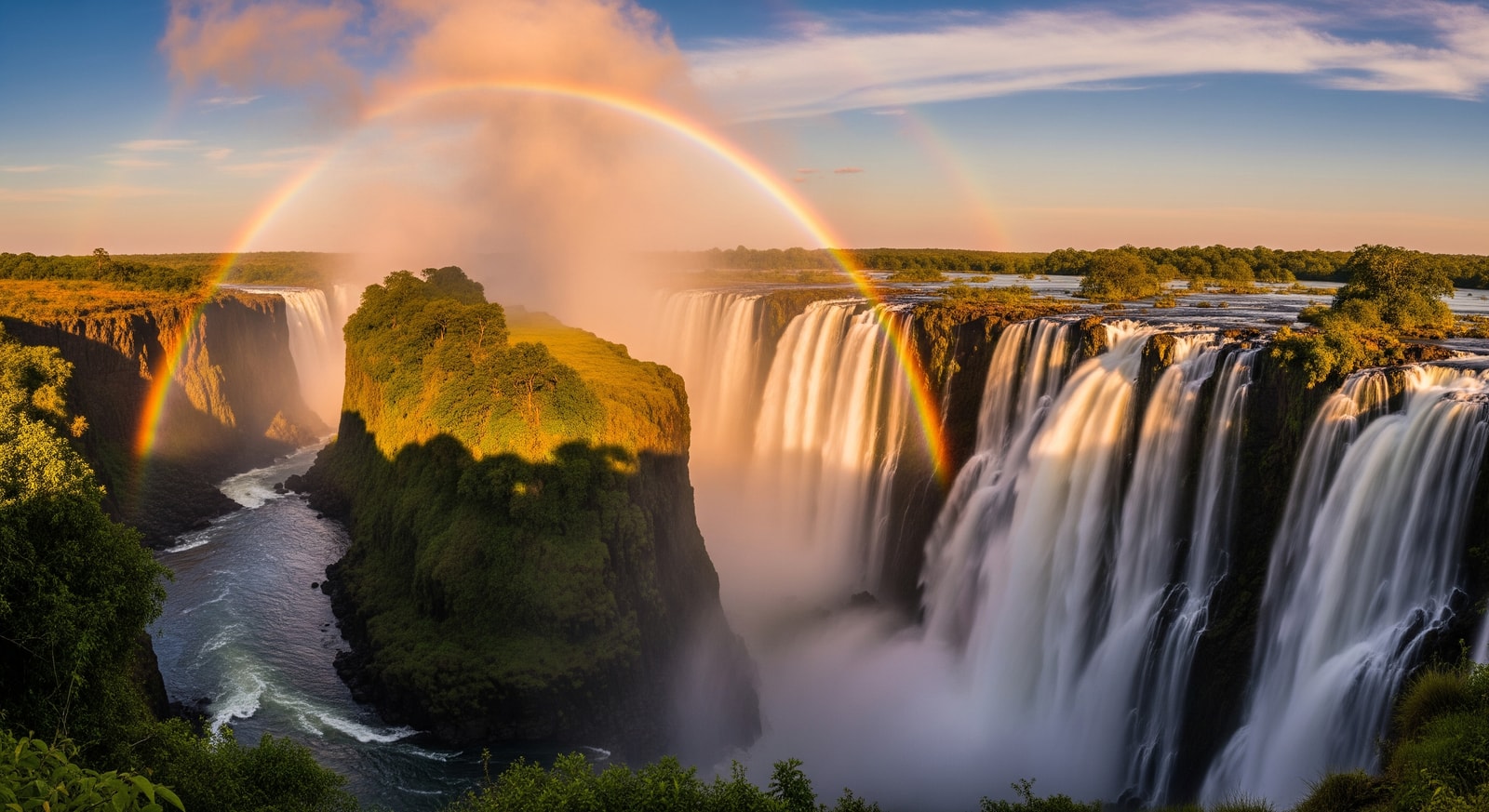 Spectacular view of Victoria Falls with massive water spray and rainbow from the Zambian side at sunset