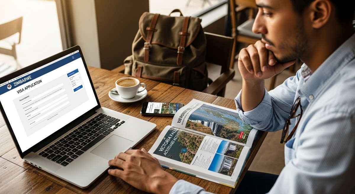 Traveler using laptop to apply for Zimbabwe visa while planning Victoria Falls trip