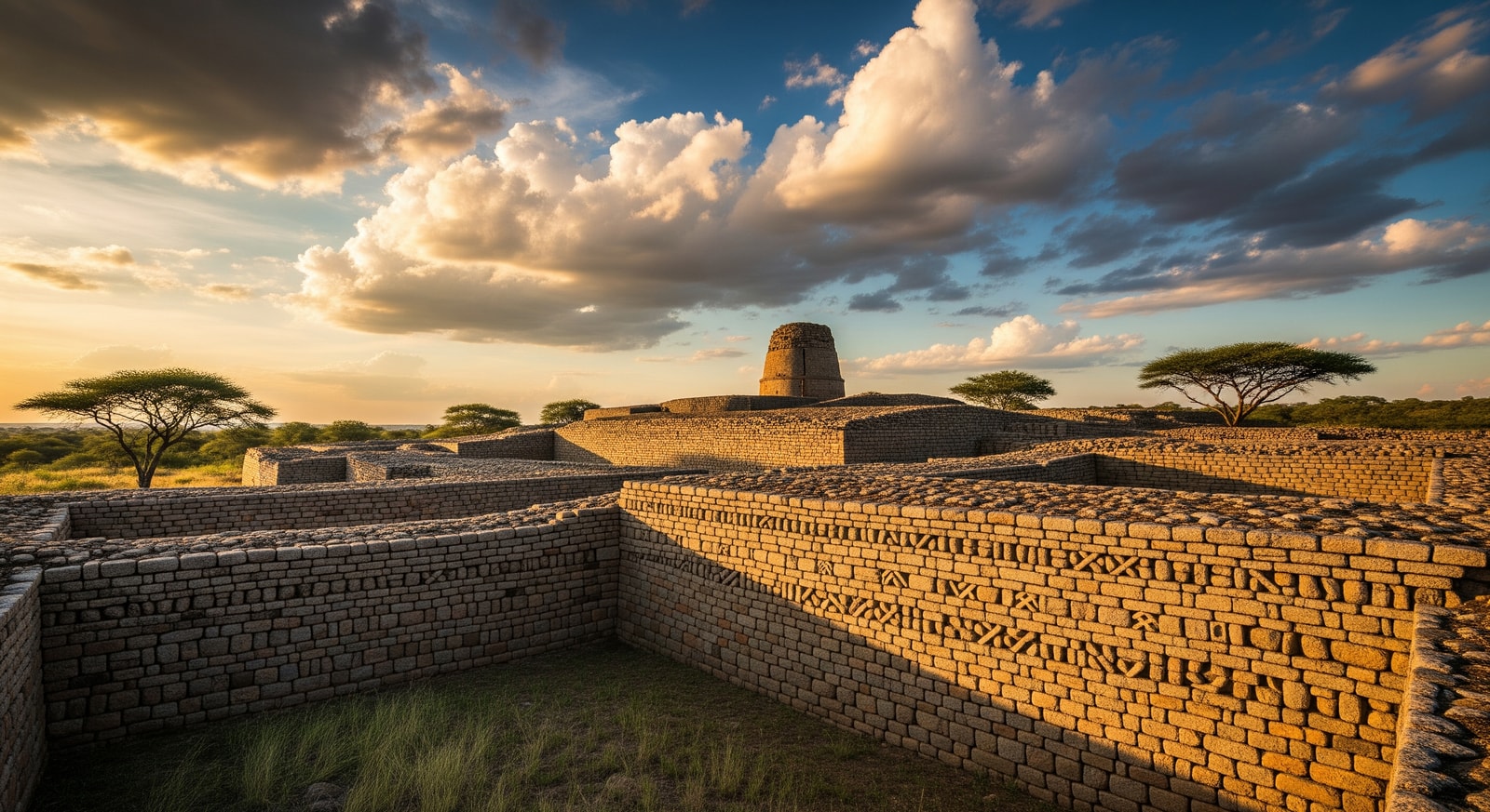 Ancient stone walls of Great Zimbabwe ruins with dramatic African sky in background