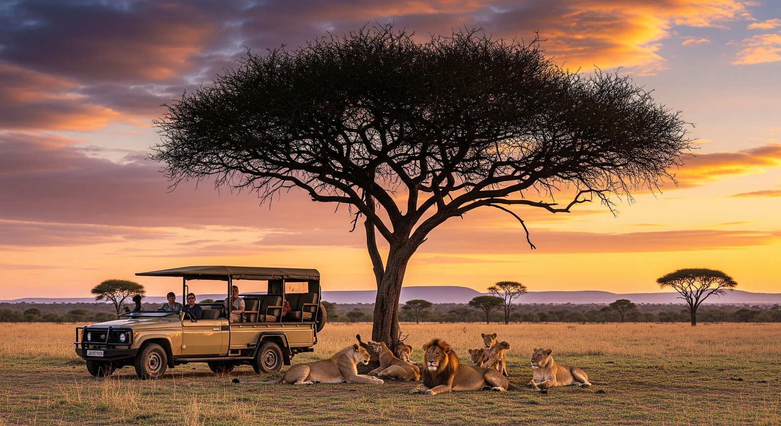 Safari vehicle watching lions resting under acacia tree in Zimbabwe national park