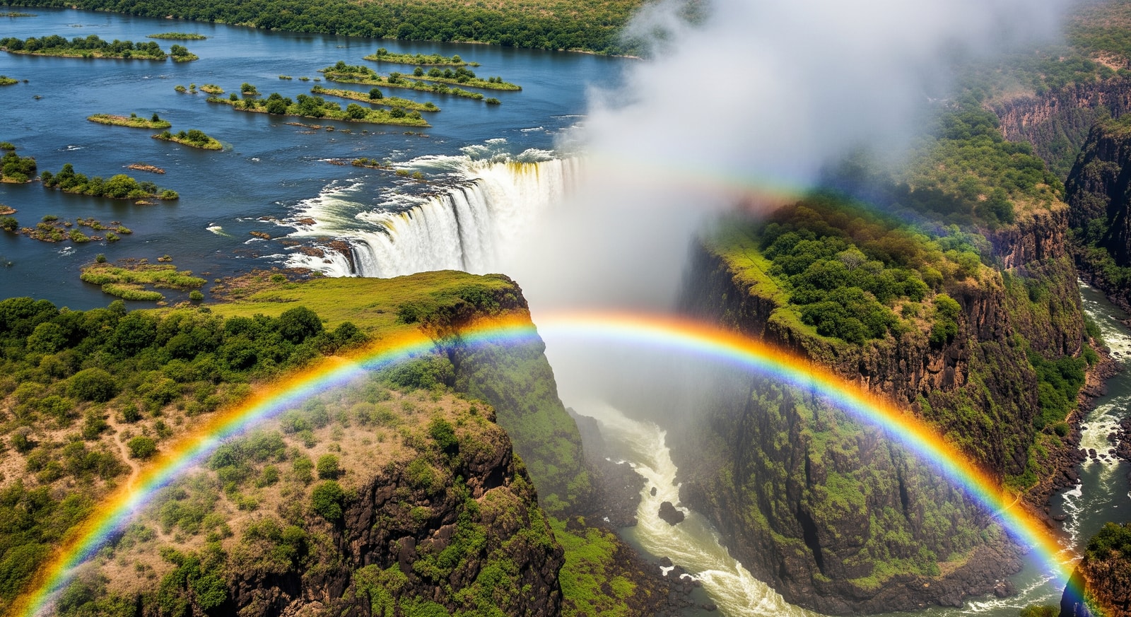 Spectacular aerial view of Victoria Falls with mist rising and rainbow forming over the gorge