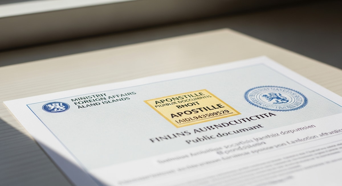 Finnish apostille certificate issued by the Ministry for Foreign Affairs authenticating Åland Islands public documents for international use