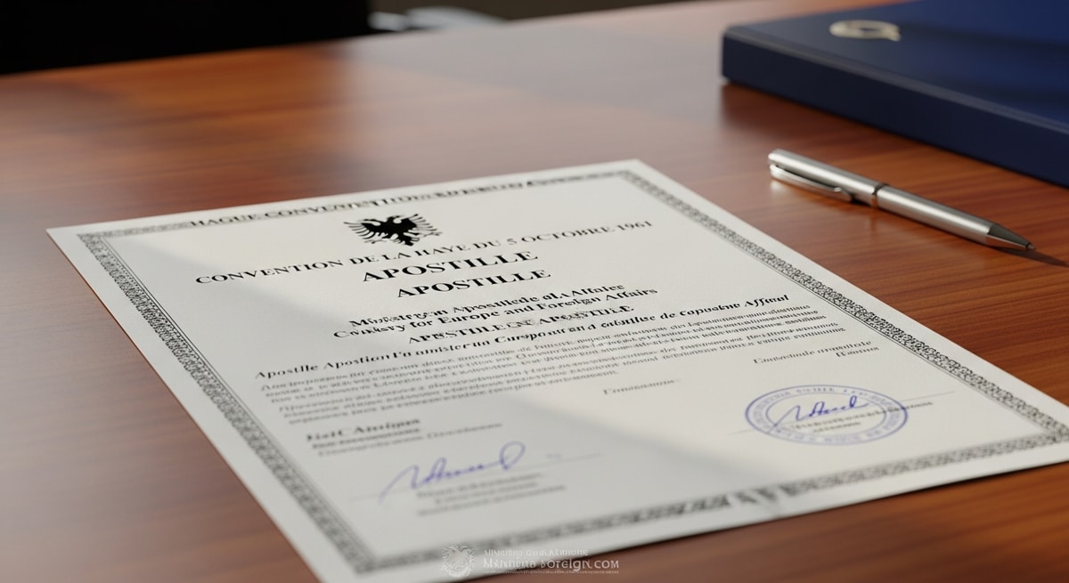 Albanian apostille certificate issued by the Ministry for Europe and Foreign Affairs with Hague Convention header