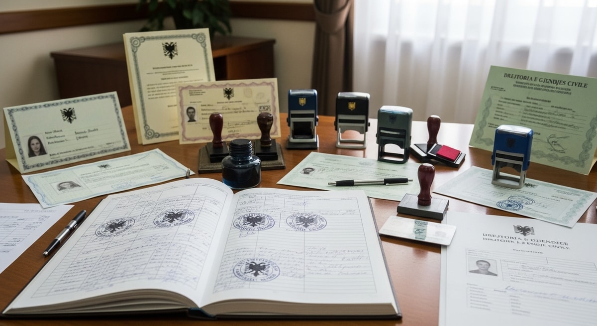 Albanian civil registry office with official documents and stamps representing the Drejtoria e Gjendjes Civile system