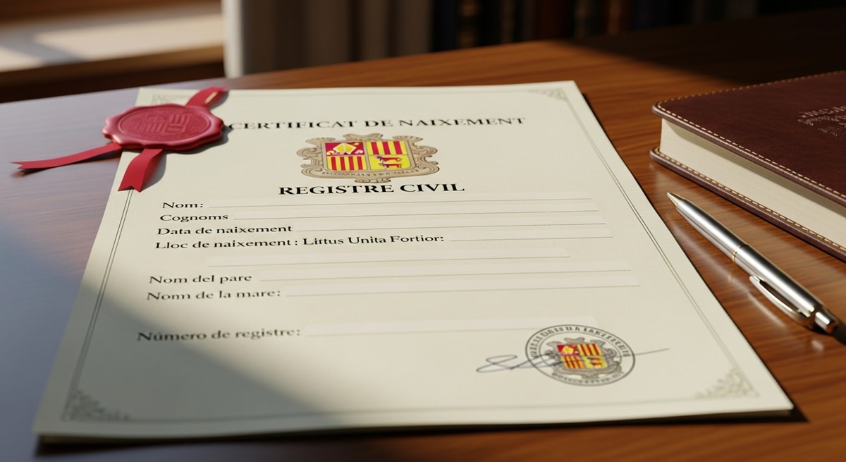Andorran birth certificate in Catalan from Registre Civil with official government seal