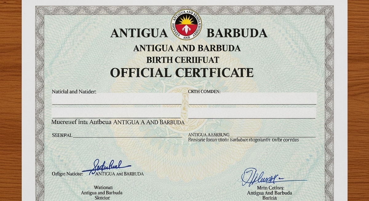 Birth certificate from Antigua and Barbuda in English with official government seal