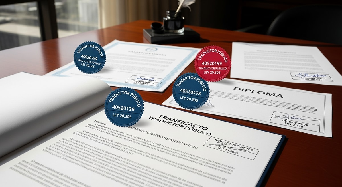 Argentine legal documents with professional translator seal and certification representing the traductor público system under Ley 20.305
