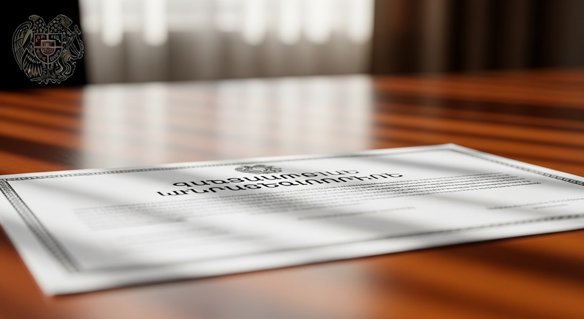 Armenian script characters and official document showing the unique Armenian alphabet used in government records