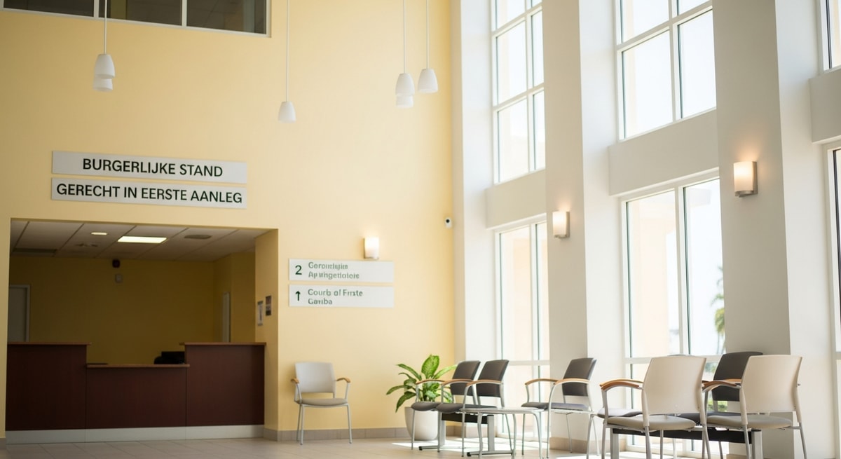 Aruba government administration buildings in Oranjestad representing the Burgerlijke Stand and Gerecht in Eerste Aanleg where vital records and apostilles are managed