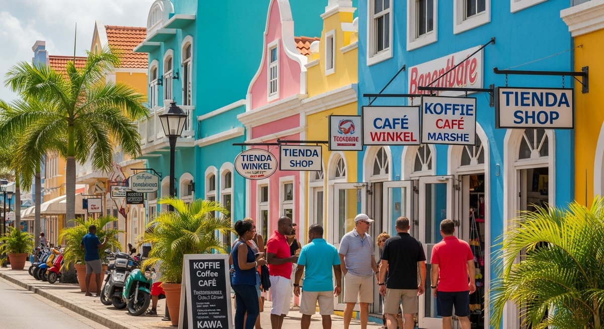 Colourful street scene in Oranjestad, Aruba reflecting the island's multilingual character with Papiamento, Dutch, English and Spanish all in daily use