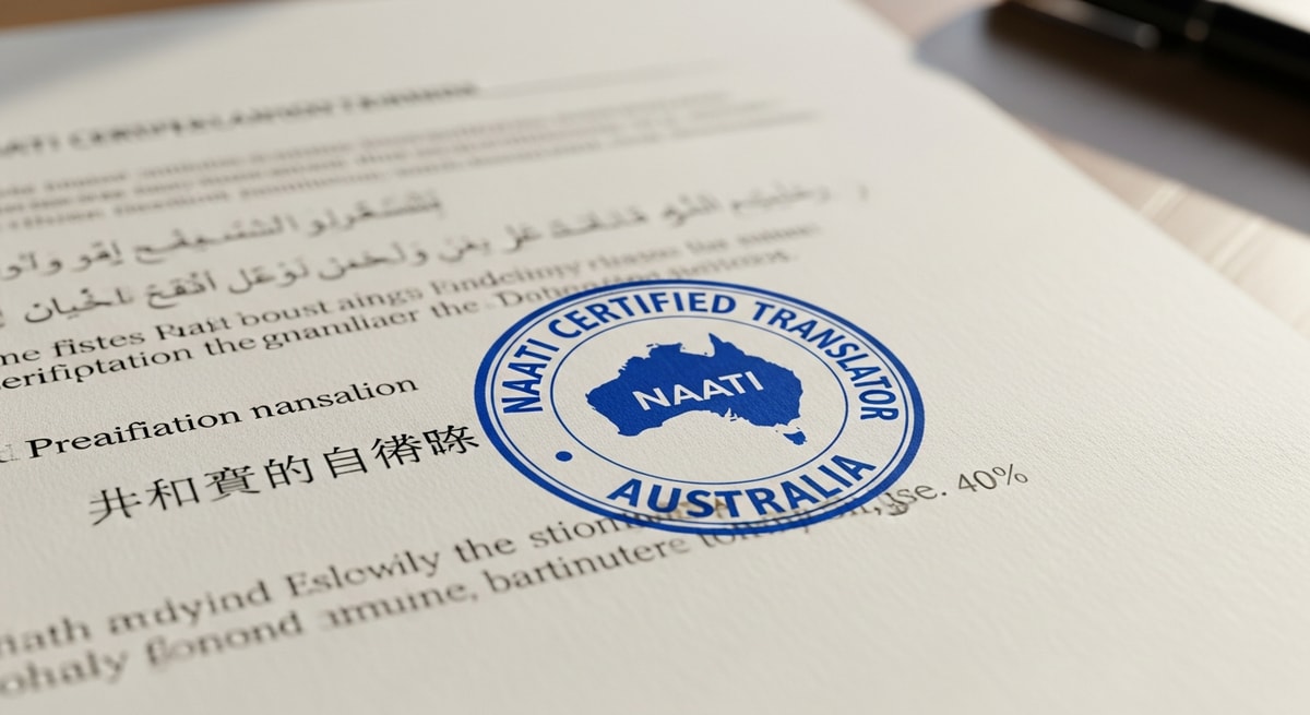 NAATI certification stamp on a certified translation document representing Australia's national translator credentialing system