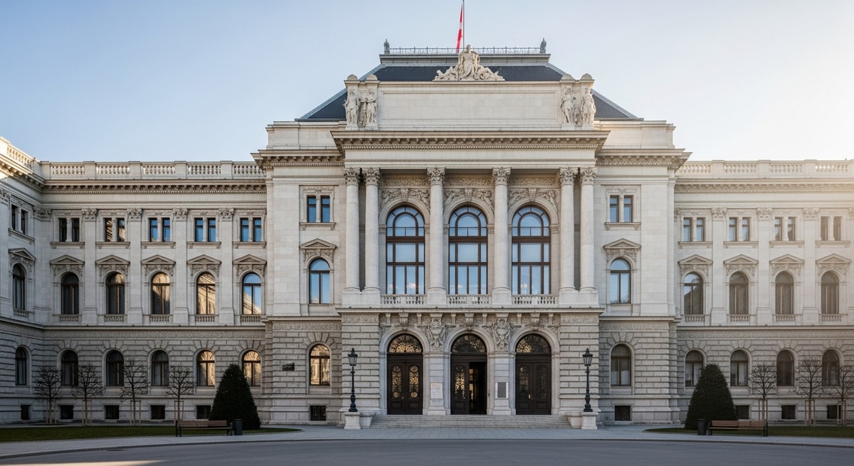 Austrian court building exterior representing the judicial foundation of the sworn translator system under the SDG