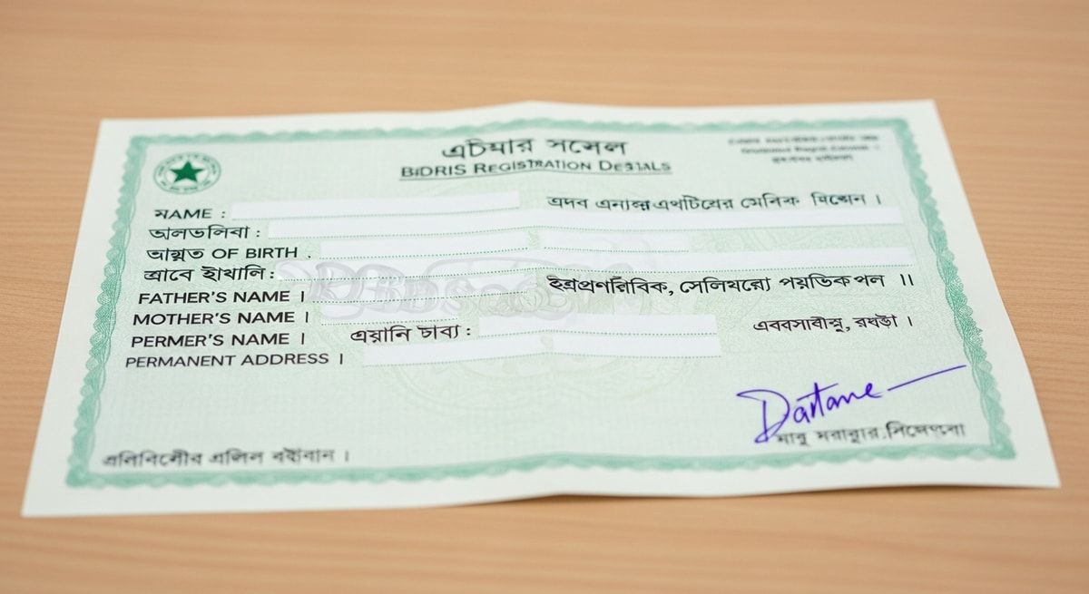 Bangladeshi birth registration certificate sample showing Bengali script fields and the BDRIS registration system format