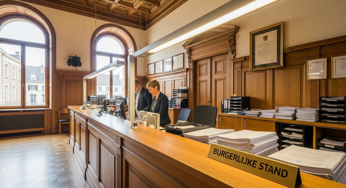 Belgian municipal town hall representing the local civil status offices that issue geboorteakten, huwelijksakten, and other official documents