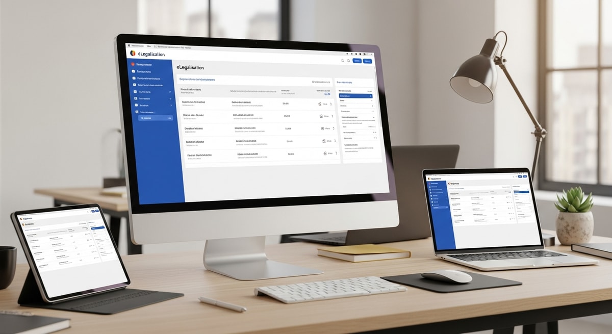 Modern digital workspace representing Belgium's eLegalisation platform for issuing electronic apostilles since 2018