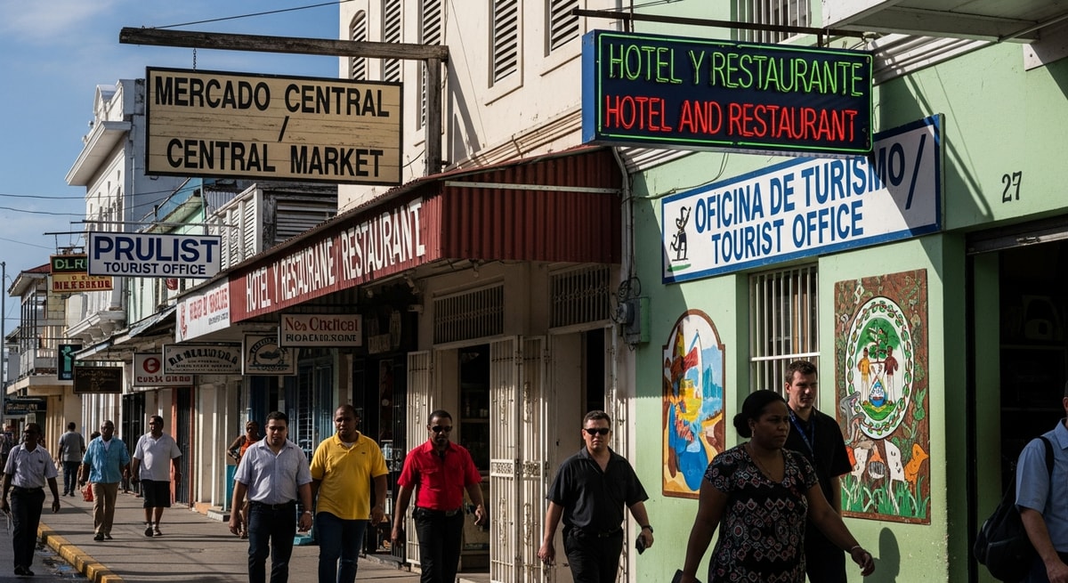Bilingual English and Spanish signage in downtown Belize City reflecting the country's dual language heritage