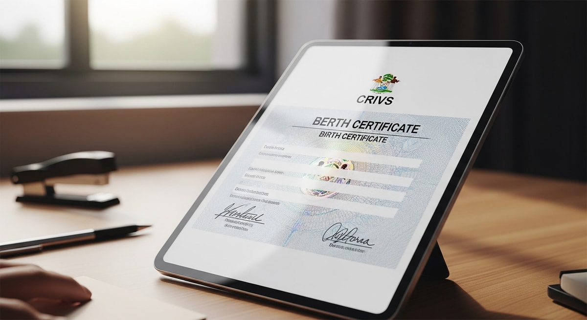 Modern digital birth certificate from Belize's new CRVS system with enhanced security features