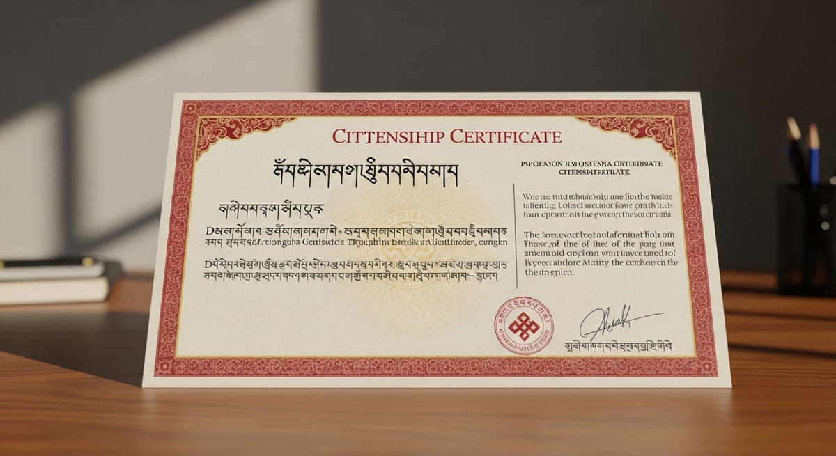 Traditional Bhutanese citizenship certificate with Dzongkha text in Tibetan Uchen script alongside English translation