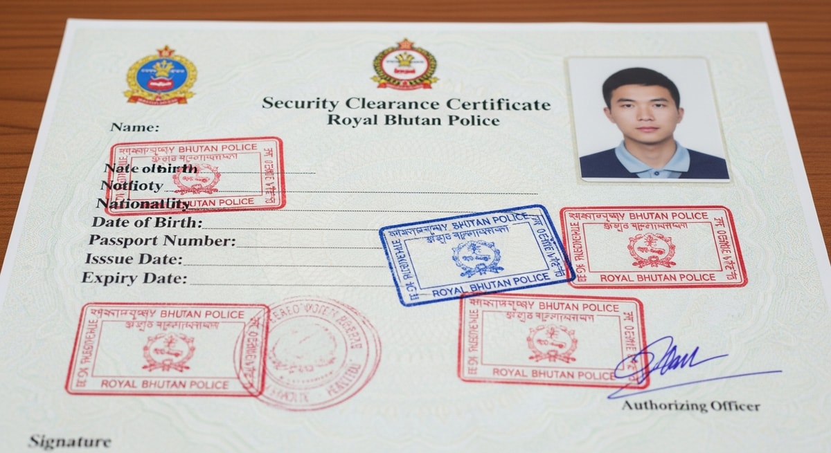 Bhutanese Security Clearance Certificate issued by Royal Bhutan Police with official stamps and photo