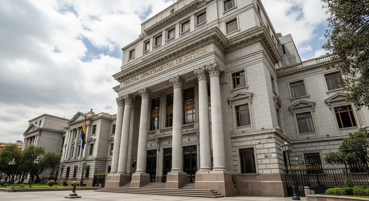 Exterior of the Tribunal Departamental de Justicia in La Paz representing Bolivia's judicial system and perito traductor framework