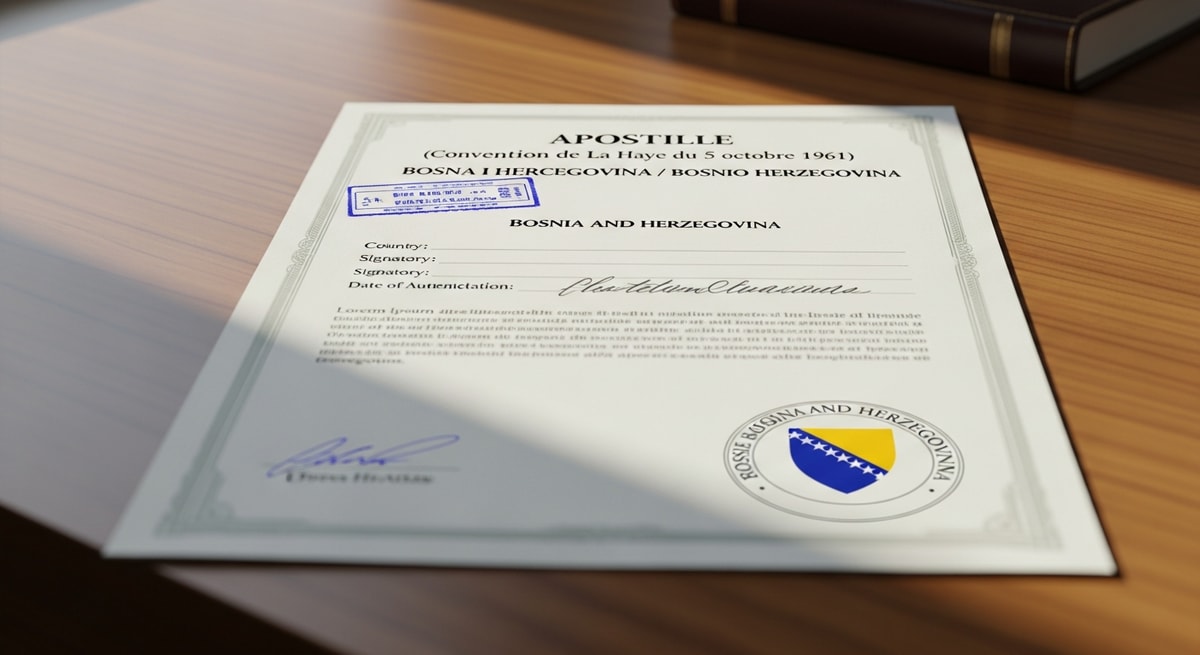 Apostille certificate from Bosnia and Herzegovina with Hague Convention header authenticating a public document for international use