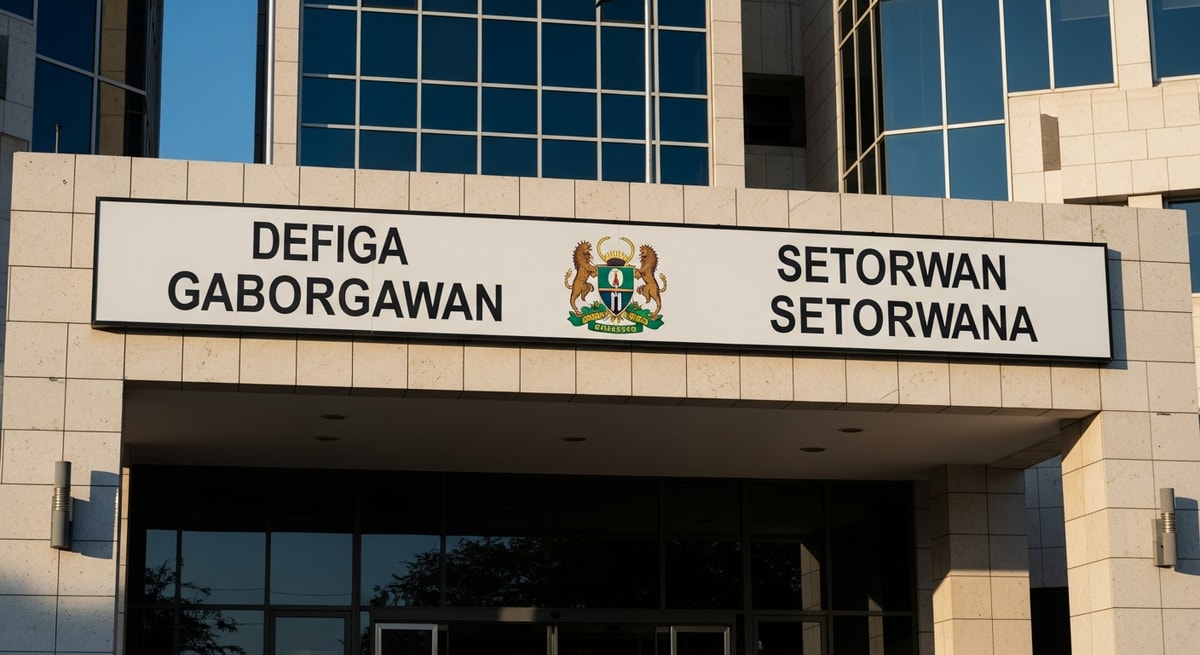 Government building in Gaborone with signage in both English and Setswana reflecting Botswana's bilingual system