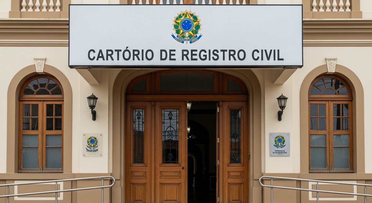 Traditional Brazilian cartório de registro civil building with official signage representing the vital records offices that issue certidões across Brazil