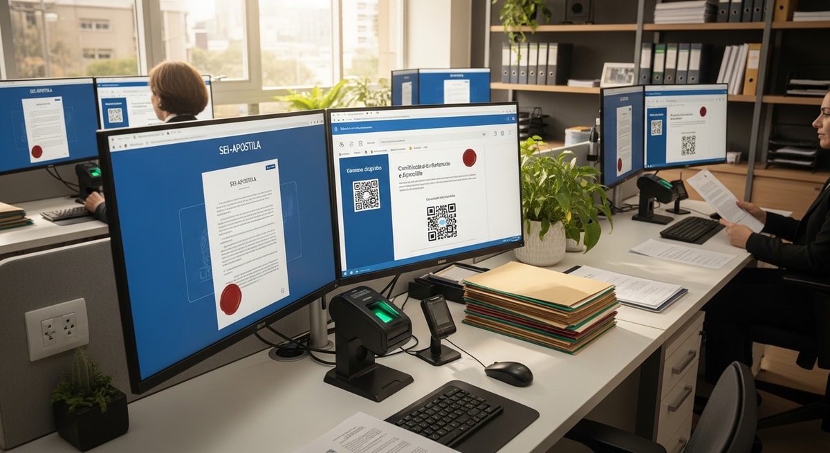 Modern Brazilian cartório office with digital verification equipment representing Brazil's advanced e-Apostille system through the SEI-Apostila platform