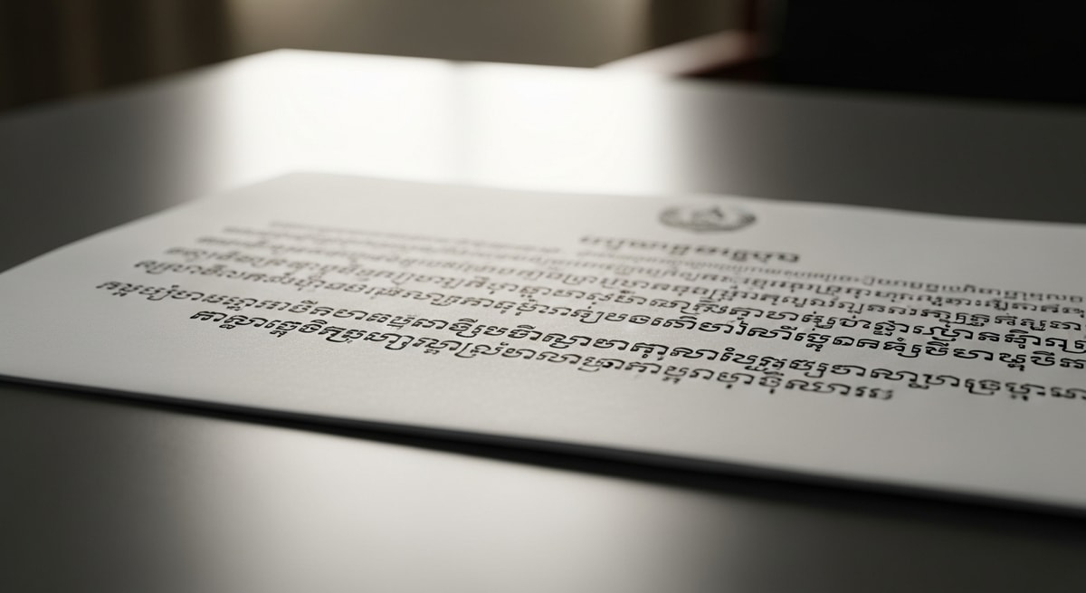 Khmer script on an official Cambodian government document showing the complex abugida writing system with consonant clusters