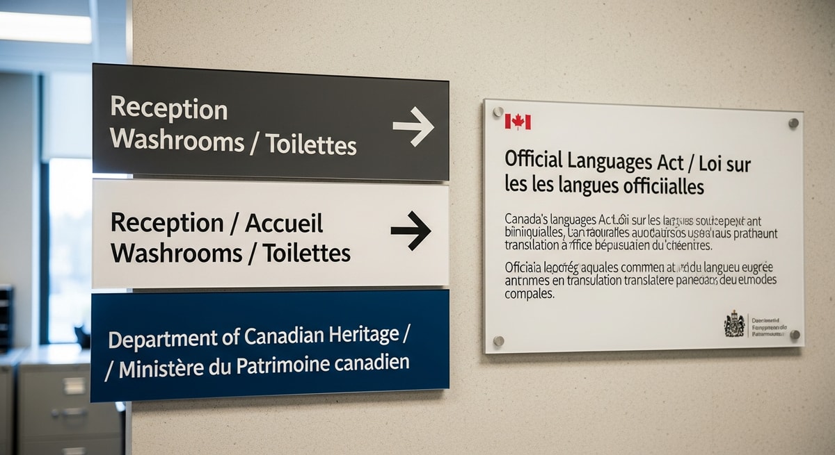 Bilingual English and French signage in Ottawa representing Canada's official language framework and translation requirements
