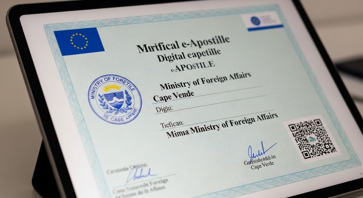 Digital e-Apostille certificate from Cape Verde Ministry of Foreign Affairs with official seal and QR verification