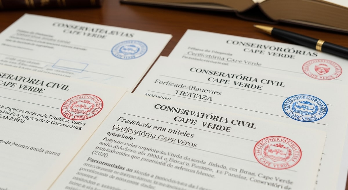 Cape Verdean civil registry documents with Portuguese text and official government seals from conservatórias