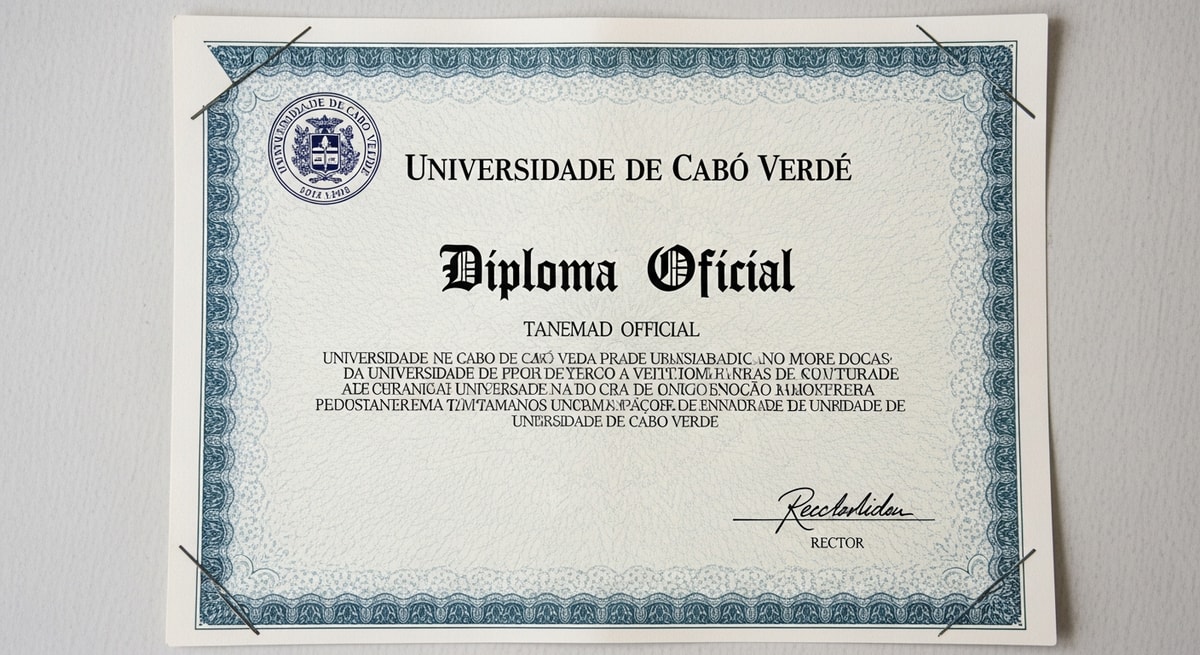 University diploma from Universidade de Cabo Verde showing Portuguese text, official seal, and rector signature