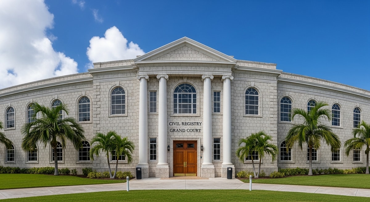 Cayman Islands government building representing the Civil Registry and Grand Court where vital records and apostilles are managed