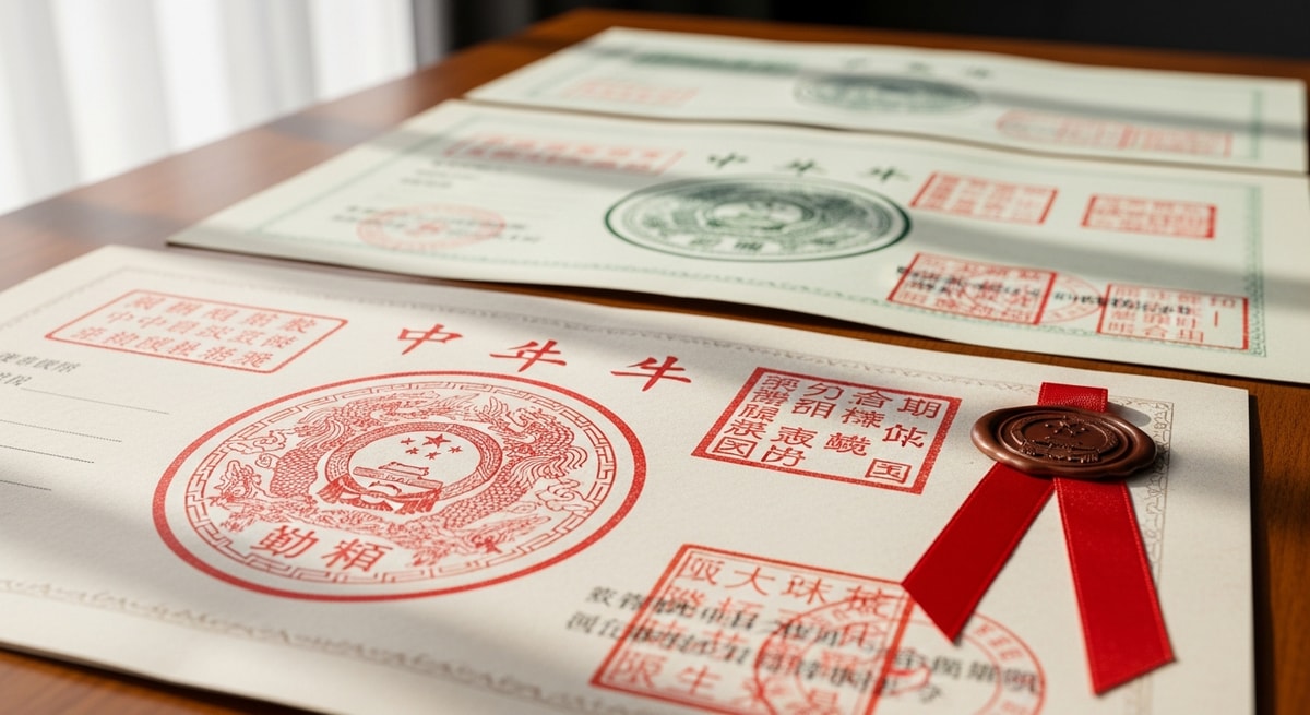 Chinese official documents with red stamps and seals representing the apostille authentication process for China